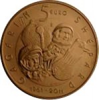 reverse of 5 Euro - Manned Space Flight (2011) coin with KM# 502 from San Marino. Inscription: 5 euro R GAGARIN SHEPPARD 1961 · 2011 A. MASINI