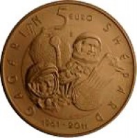San Marino coin 5 Euro - Manned Space Flight (2011) reverse reverse of 5 Euro - Manned Space Flight (2011) coin with KM# 502 from San Marino. Inscription: 5 euro R GAGARIN SHEPPARD 1961 · 2011 A. MASINI