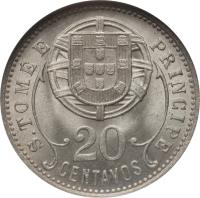 reverse of 20 Centavos (1929) coin with KM# 3 from São Tomé and Príncipe. Inscription: S.TOME E PRINCIPE 20 CENTAVOS