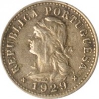 obverse of 10 Centavos (1929) coin with KM# 2 from São Tomé and Príncipe. Inscription: REPUBLICA PORTUGUESA 1929