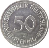 reverse of 50 Pfennig (1950 - 2001) coin with KM# 109 from Germany. Inscription: BUNDESREPUBLIK DEUTSCHLAND 50 A PFENNIG