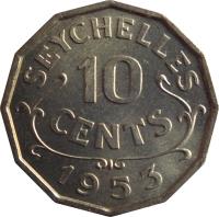 reverse of 10 Cents - Elizabeth II - 1'st Portrait (1953 - 1974) coin with KM# 10 from Seychelles. Inscription: SEYCHELLES 10 CENTS 1953