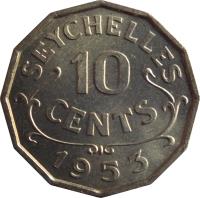 Seychelles coin 10 Cents - Elizabeth II - 1'st Portrait (1953 - 1974) reverse reverse of 10 Cents - Elizabeth II - 1'st Portrait (1953 - 1974) coin with KM# 10 from Seychelles. Inscription: SEYCHELLES 10 CENTS 1953