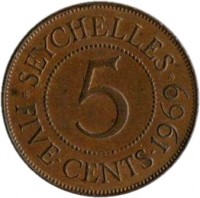 Seychelles coin 5 Cents - Elizabeth II (1964 - 1971) reverse reverse of 5 Cents - Elizabeth II (1964 - 1971) coin with KM# 16 from Seychelles. Inscription: · SEYCHELLES · 5 FIVE · CENTS · 1969