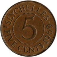 reverse of 5 Cents - Elizabeth II (1964 - 1971) coin with KM# 16 from Seychelles. Inscription: · SEYCHELLES · 5 FIVE · CENTS · 1969