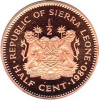 reverse of 1/2 Cent (1980) coin with KM# 31 from Sierra Leone. Inscription: REPUBLIC OF SIERRA LEONE 1 - 2 HALF CENT 1980