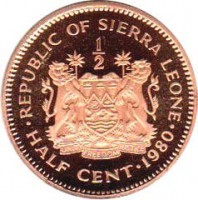 Sierra Leone coin 1/2 Cent (1980) reverse reverse of 1/2 Cent (1980) coin with KM# 31 from Sierra Leone. Inscription: REPUBLIC OF SIERRA LEONE 1 - 2 HALF CENT 1980