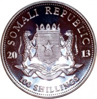 obverse of 100 Shillings - Elephant - Silver Bullion (2013) coin from Somalia. Inscription: SOMALI REPUBLIC 20 13 100 SHILLINGS