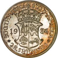 South Africa coin 2 1/2 Shillings - George V - SUID-AFRIKA (1931 - 1936) reverse reverse of 2 1/2 Shillings - George V - SUID-AFRIKA (1931 - 1936) coin with KM# 19.3 from South Africa. Inscription: SOUTH · AFRICA SUID · AFRIKA 1934 2 1/2 SHILLINGS