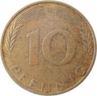 reverse of 10 Pfennig (1950 - 2001) coin with KM# 108 from Germany. Inscription: 10 PFENNIG F