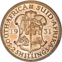 reverse of 2 Shillings - George V (1931 - 1936) coin with KM# 22 from South Africa. Inscription: SOUTH AFRICA SUID-AFRIKA 2 SHILLINGS 1931