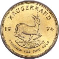 reverse of 1 Krugerrand (1967 - 2015) coin with KM# 73 from South Africa. Inscription: KRUGERRAND 19 74 CLS FYNGOUD 1 OZ FINE GOLD