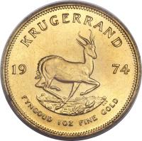 South Africa coin 1 Krugerrand (1967 - 2015) reverse reverse of 1 Krugerrand (1967 - 2015) coin with KM# 73 from South Africa. Inscription: KRUGERRAND 19 74 CLS FYNGOUD 1 OZ FINE GOLD