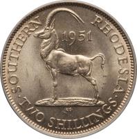 reverse of 2 Shillings - George VI (1948 - 1952) coin with KM# 23 from Southern Rhodesia. Inscription: SOUTHERN RHODESIA 1951 · TWO SHILLINGS ·