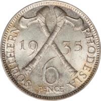 reverse of 6 Pence - George V (1932 - 1936) coin with KM# 2 from Southern Rhodesia. Inscription: KG SOUTHERN RHODESIA 1932 6 PENCE