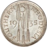 reverse of 3 Pence - George V (1932 - 1936) coin with KM# 1 from Southern Rhodesia. Inscription: SOUTHERN 3d RHODESIA 19 36