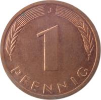 Germany coin 1 Pfennig (1950 - 2001) reverse reverse of 1 Pfennig (1950 - 2001) coin with KM# 105 from Germany. Inscription: 1 PFENNIG F