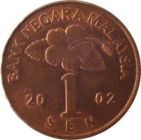 Malaysia coin 1 Sen - Yang di-Pertuan Agong (1989 - 2008) reverse reverse of 1 Sen - Yang di-Pertuan Agong (1989 - 2008) coin with KM# 49 from Malaysia. Inscription: BANK NEGARA MALAYSIA 20 1 02 SEN