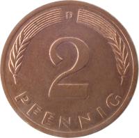 reverse of 2 Pfennig - Magnetic (1967 - 2001) coin with KM# 106a from Germany. Inscription: 2 PFENNIG D