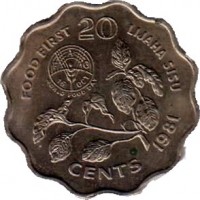 Swaziland coin 20 Cents - Sobhuza II - FAO (1981) reverse reverse of 20 Cents - Sobhuza II - FAO (1981) coin with KM# 31 from Swaziland. Inscription: FOOD FIRST 20 LIJAHA SISU CENTS 1981