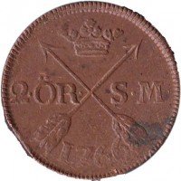 reverse of 2 Öre Silfwermynt - Adolf Frederick (1751 - 1768) coin with KM# 461 from Sweden. Inscription: 2.ÖR. S.M. 1766