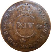 obverse of 1/2 Skilling - Carl XIV Johan (1819 - 1830) coin with KM# 596 from Sweden. Inscription: FOLKETS KÄRLEK MIN BELÖNING C XIV