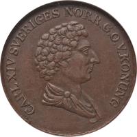 obverse of 1 Skilling Banco - Carl XIV Johan (1835 - 1843) coin with KM# 642 from Sweden. Inscription: CARL XIV SVERIGES NORR.G.O.V KONUNG