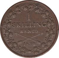 Sweden coin 1 Skilling Banco - Carl XIV Johan (1835 - 1843) reverse reverse of 1 Skilling Banco - Carl XIV Johan (1835 - 1843) coin with KM# 642 from Sweden. Inscription: 1 SKILLING BANCO 1838