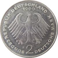 obverse of 2 Deutsche Mark - 40th Anniversary of Federal Republic: Ludwig Erhard (1948 - 1988) (1988 - 2001) coin with KM# 170 from Germany. Inscription: BUNDESREPUBLIK DEUTSCHLAND 1990 D 2 DEUTSCHE MARK