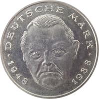 reverse of 2 Deutsche Mark - 40th Anniversary of Federal Republic: Ludwig Erhard (1948 - 1988) (1988 - 2001) coin with KM# 170 from Germany. Inscription: DEUTSCHE MARK 1948 1988