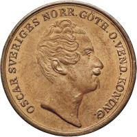 obverse of 2/3 Skilling - Oscar I - Small head (1845 - 1855) coin with KM# 663 from Sweden. Inscription: OSCAR SVERIGES NORR.GÖTH.O.VEND.KONUNG.