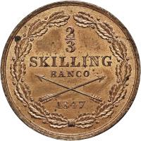 reverse of 2/3 Skilling - Oscar I - Small head (1845 - 1855) coin with KM# 663 from Sweden. Inscription: 2/3 SKILLING BLANCO 1849
