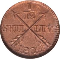 reverse of 1/12 Skilling - Gustaf IV Adolf (1802 - 1808) coin with KM# 563 from Sweden. Inscription: 1 - 12 SKIL LING 1808