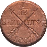 Sweden coin 1/12 Skilling - Gustaf IV Adolf (1802 - 1808) reverse reverse of 1/12 Skilling - Gustaf IV Adolf (1802 - 1808) coin with KM# 563 from Sweden. Inscription: 1 - 12 SKIL LING 1808