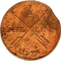 Sweden coin 1 Skilling - Carl XIV Johan (1819 - 1830) reverse reverse of 1 Skilling - Carl XIV Johan (1819 - 1830) coin with KM# 597 from Sweden. Inscription: 1 SKIL LING 1828