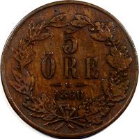 reverse of 5 Öre - Carl XV Johan (1860 - 1872) coin with KM# 707 from Sweden. Inscription: 5 ÖRE 1872