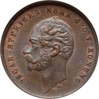obverse of 1 Öre - Oscar I (1856 - 1858) coin with KM# 687 from Sweden. Inscription: OSCAR SVERIGES NORR. G. O V. KONUNG