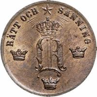 obverse of 1/2 Öre - Oscar I (1856 - 1858) coin with KM# 686 from Sweden. Inscription: RÄTT OCH SANNING