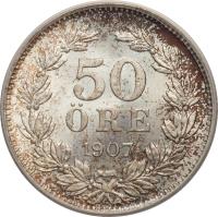 Sweden coin 50 Öre - Oscar II (1906 - 1907) reverse reverse of 50 Öre - Oscar II (1906 - 1907) coin with KM# 771 from Sweden. Inscription: 50 ÖRE 1907