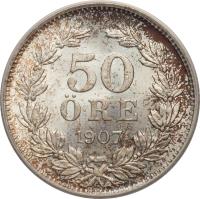 reverse of 50 Öre - Oscar II (1906 - 1907) coin with KM# 771 from Sweden. Inscription: 50 ÖRE 1907