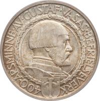 obverse of 2 Kronor - Gustaf V - Gustaf Wasa (1921) coin with KM# 799 from Sweden. Inscription: 400 ÅRSMINNE AV GUSTAV VASAS BEFRIELSEVERK
