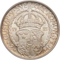 reverse of 2 Kronor - Gustaf V - Gustaf Wasa (1921) coin with KM# 799 from Sweden. Inscription: GUSTAF V SVERIGES KONUNG 19 21 2 Kr