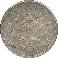 Sweden coin 2 Kronor - Oscar II (1906 - 1907) reverse reverse of 2 Kronor - Oscar II (1906 - 1907) coin with KM# 773 from Sweden.
