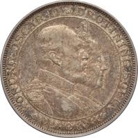 obverse of 2 Kronor - Oscar II - Golden Wedding Anniversary (1907) coin with KM# 776 from Sweden. Inscription: KONUNG OSCAR II DROTTNING SOFIA