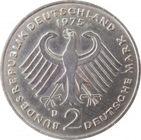 obverse of 2 Deutsche Mark - 20th Anniversary to Federal Republic: Konrad Adenauer (1969 - 1987) coin with KM# 124 from Germany. Inscription: BUNDESREPUBLIK DEUTSCHLAND 1975 D 2 DEUTSCHE MARK