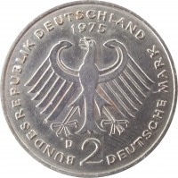 Germany coin 2 Deutsche Mark - 20th Anniversary to Federal Republic: Konrad Adenauer (1969 - 1987) obverse obverse of 2 Deutsche Mark - 20th Anniversary to Federal Republic: Konrad Adenauer (1969 - 1987) coin with KM# 124 from Germany. Inscription: BUNDESREPUBLIK DEUTSCHLAND 1975 D 2 DEUTSCHE MARK