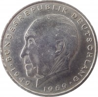 reverse of 2 Deutsche Mark - 20th Anniversary to Federal Republic: Konrad Adenauer (1969 - 1987) coin with KM# 124 from Germany. Inscription: BUNDESREPUBLIK DEUTSCHLAND 1949 1969
