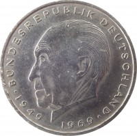Germany coin 2 Deutsche Mark - 20th Anniversary to Federal Republic: Konrad Adenauer (1969 - 1987) reverse reverse of 2 Deutsche Mark - 20th Anniversary to Federal Republic: Konrad Adenauer (1969 - 1987) coin with KM# 124 from Germany. Inscription: BUNDESREPUBLIK DEUTSCHLAND 1949 1969