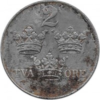Sweden coin 2 Öre - Gustaf V (1917 - 1920) reverse reverse of 2 Öre - Gustaf V (1917 - 1920) coin with KM# 790 from Sweden. Inscription: 2 TVA ORE