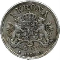 reverse of 1 Krona - Oscar II (1906 - 1907) coin with KM# 772 from Sweden. Inscription: 1 KRONA SVERIGES VAL 1907 E.B.
